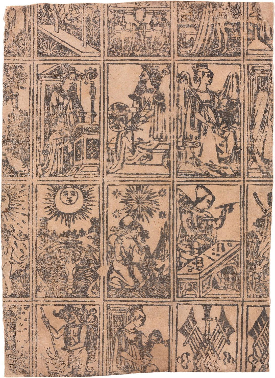 An uncut Italian tarot sheet, about 1500